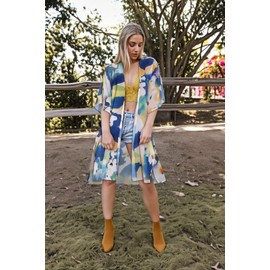 Women's Summer Kimono Beach Coverups Casual Loose Swimsuit Cardigans for Swimwear(Blue Yellow Flower,L)