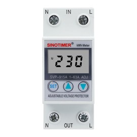 SINOTIMER SVP915A 3 in 1 Adjustable Voltage Current Surge Protection Device, LCD Display Smart Auto Recovery Circuit Breaker Protective Relay, Less Consumption, DIN Rail Installation, 230VAC, 63A