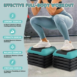 Aurorafy Step Aerobic Platform with 5 levels Adjustable Height, 4 Stackable Risers, 16 Inch Fitness Training Exercise Step, Workout Stepper for Home Gym, Cardio Strength, Black/Blue