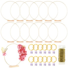 12 Pack Floral Hoop with Stand and LED Fairy Lights 16 inch Metal Rings for DIY Centerpiece Table Decorations Crafts Macrame Rings Hoop Wreath Dream Catcher Rings Wedding Christmas Wreaths, Gold