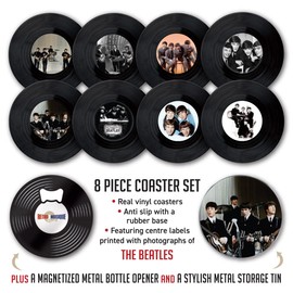 The Beatles - 8 Piece Mini Vinyl Record Coaster Set with Tin & Magnetic Bottle Opener by Retro Musique