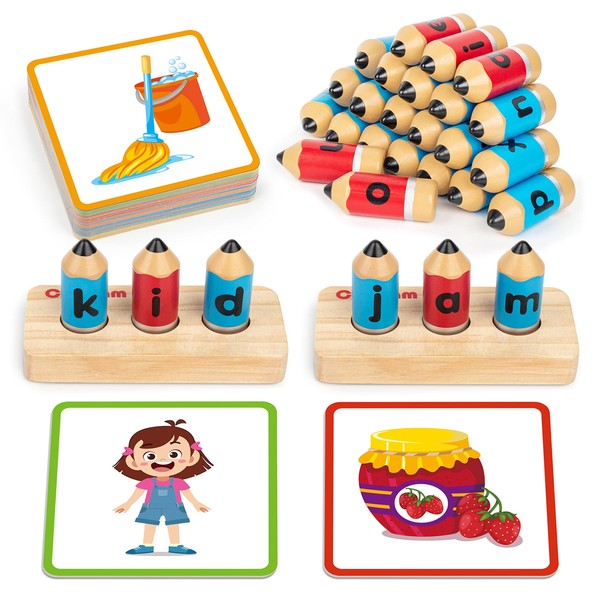 Coogam Wooden Short Vowel Spelling Games, Learn to Spell CVC Sight Words Educational Flashcards Fine Motor Montessori Alphabet Toy