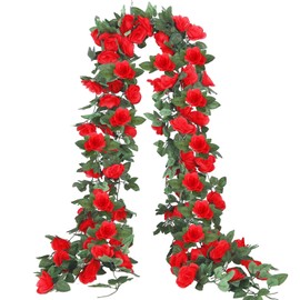 Augshy 4 Pack Artificial Rose Vine Garland, Fake Roses Flowers Hanging Silk Rose Vine with Green Leaves for Mother's Day Party Wedding Decoration