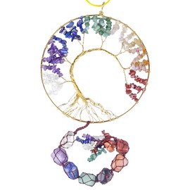 TUMBEELLUWA Crystal Tree of Life Wall Hanger Healing Decorative Hanging Ornaments Gold-Plated-Base Tumbled Quartz Stones Wall Decoration for Home Decor, 7 Chakra