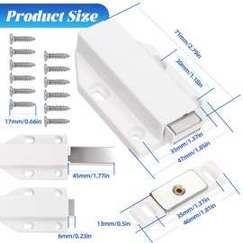 2 Pack Magnetic Push Latch with 12 Screws, Push-to-Open Magnetic Door Latch, Firm Closure with Strong Pop-Out Force, Suitable for Kitchen Cabinets, Cupboards and Drawers, White