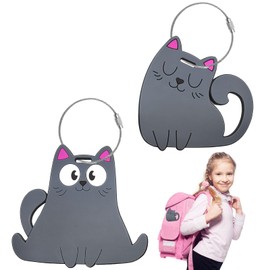 Luggage Tags for Suitcases, 2 pcs Cute Cat Grey PVC Suitcase Tags with Name Address Tel Card Waterproof Luggage Tags for Travel School