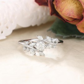 IRROYA Art Deco G Color 0.3CT Moissanite Engagement Ring Leaf Shaped 0.35 Carat Cluster Marquise Moissanite Rings for Women Sterling Silver Wrap Band Moissanite Bridal Sets Wedding Rings Plated by Platinum 925 Silver Cocktail Rings for Her Size 7