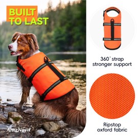 AMZNOVA Rip Stop Dog Life Jacket Dog Life Vest for Boating Pet Float Vest Doggy Swimming Vest Water Jacket Lifejacket Swim Lifejacket for Kayaking Buoyance Handle Reflective PFD L Bright Orange