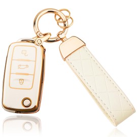 OLLEN Soft TPU Key Fob Cover with Keychain, Fit for VolksWagen VW Jetta Golf Polo MK6 Passat Tiguan Beetle Polo MK7 Passat Cross Gran Sagitar Santana Bora Skoda, for Flip Key Fob, 3 Button, White