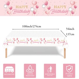 Pink Happy Birthday Disposable Table Cloth Table Cover for Girls Her, 137*274cm Birthday Rectangular Dining Tablecovers Plastic Tablecloths Large for Baby Girls Women Birthday Party Decorations