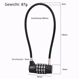 NBYT Steel Cable Rope Combination Padlock, Diameter 5 mm, Length 28 cm, for Lockers, Filing Cabinets, Wardrobes, Small Fences, Small Sheds, Door Locks for Pets
