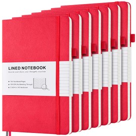 MALEDEN 7 Pack Lined Journal Notebook, Hardcover PU Leather Notebook for Men Women, 100 GSM Thick Numbered Pages with Index Content, Inner Pockets, Bookmarks, A5 Ruled Writing Journal Bulk (Red)