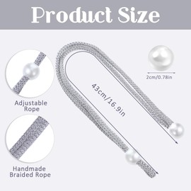 Classicseali 8pcs Grey Tie Backs for Curtains, Adjustable Tie Backs for Curtains, Silver Curtain Tie Backs with Pearl Curtain Rope Buckle Cord Holders for Home Hotel Office Window Drapery
