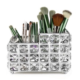 LUWOO Crystal Makeup Brush Holder, Cosmetics Brush Storage Container for Table, Dresser, Bathroom, Bedroom Organization (Silver)