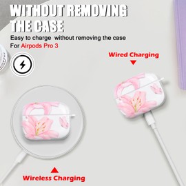 CameCosy Transparent Case Compatible for AirPods Pro 3 Generation 2025 with Flower Pendant, Cute Cover with Pink Lily Flower Pattern for Women, Protective Case in Shockproof Anti-Scratches TPU