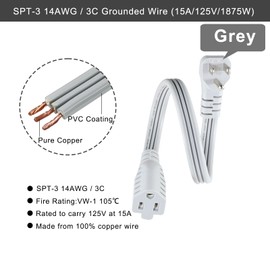 KUNCAN Appliance Power Extension Cord - 3 Prong Flat Wire SPT-3 14 AWG Heavy Duty Male to Female Extender Low Profile Grounded Cable for Major AC Unit, Air Conditioner, Refrigerator, Heater (1 Feet)