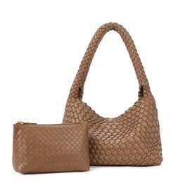 CLUCI Woven Shoulder Bag for Women，Vegan Leather Purse Tote Handbag 2PS, Brown, Fashion