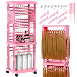 Braiding Rack with Tools, 2-Sided Hair Rack Braid Stand with Wheels, 220 Pegs Standing Hair Separator Divider Extension Holder Hanger Perm Accessories