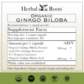 Herbal Roots Brain Health Duo, Organic Mushrooms and Organic Ginkgo Biloba, Powerful Boost for Brain Health, Non-GMO