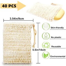 SINGOMON 40PCS Soap Saver Pouches Soap Exfoliating Scrub Bages Natural Ramie Soap Bages Handmade Soap Saver Pouches Mesh Soap Bages with Drawstring for Bath & Shower Use for Foaming and Drying The Soap