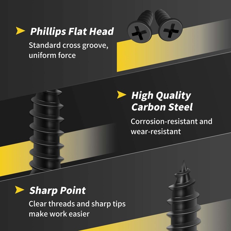 Wood Screws 1/2 Inch, FIXLINK Premium Flat Head Phillips Black