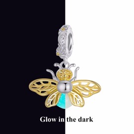 Qings Luminous Firefly/Bee Dangle-Charm 925 Sterling Silver Glow in The Dark Pendant for Necklaces or Bracelets Cute Animals Bead Charms Jewelry Gift for Women Girls, Sterling Silver Stone, Cubic