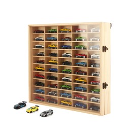 Acrylic Model Car Display Case Wall Mount 1/64 Cars Box Solid Wood Display Store Up to 50 Mini Cars or Figurine (Wooden Color)