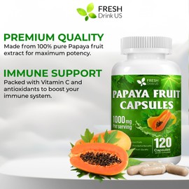FRESHDRINKUS, 120 Papaya Fruit Extract Capsules| Papain Enzyme| 100% from Natural Papaya Fruit Extract| 500mg per Capsule| 1,000mg per Serving| 60 Days Supply| Vegan Capsulesc Non-GMO, Gluten-Free