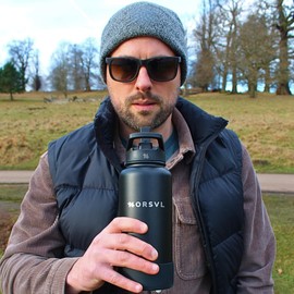 NORSVL Premium Stainless Steel Insulated Water Bottle 1L, Double Wall Vacuum Insulated Bottle, Sports Water Bottle, Hot & Cold Thermos Flask, with 3 Lids, Paracord Handle, Bumper - Abyss Black