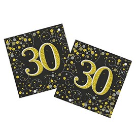 Party Angels 2 Packs (32 Napkins) of 30th Birthday Black Gold Unisex Holographic Sparkling Fizz Design Napkins Serviettes Tissue, 33cm x 33cm 3-ply Age 30 Male Female Napkins 16pcs in Each Pack
