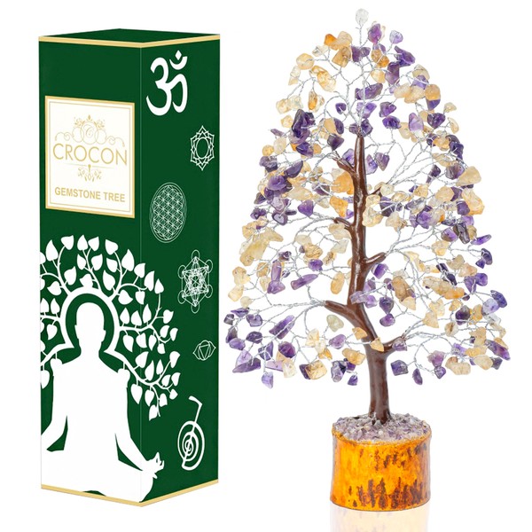 Amethyst & Citrine Crystal Tree of Life - Chakra Tree for Positive Energy, Handmade Gemstone Tree - Feng Shui Decor, Good Luck Money Tree Bonsai - Healing Crystals, Decoration Ornament, Spiritual Gift