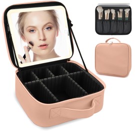 Travel Makeup Bag for Women and Makeup Artists Cosmetic Organizer Large Makeup Case,Travel Makeup Bag with Mirror 3 Color Setting,Portable Storage and Adjustable Dividers(khaki)