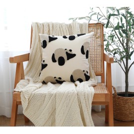 LIGICKY Panda Cushion Cover White Velvet Throw Pillow Cover Neutral Accent Tufted Animal Print Pillowcase Solid Decorative Soft Square Cushion Case for Sofa Bedroom Party Décor, 18 x 18 inch