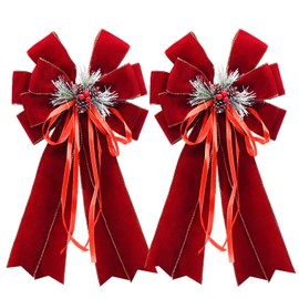 CRAFLOX Christmas Burgundy Velvet Wreath Bow, 20'' x 11'' 2Pcs Christmas Red Velvet Bows with Pine Cones Needles Tree Topper Decorations for Home Indoor Outdoor, Ornament Bow for Wedding Party Decor