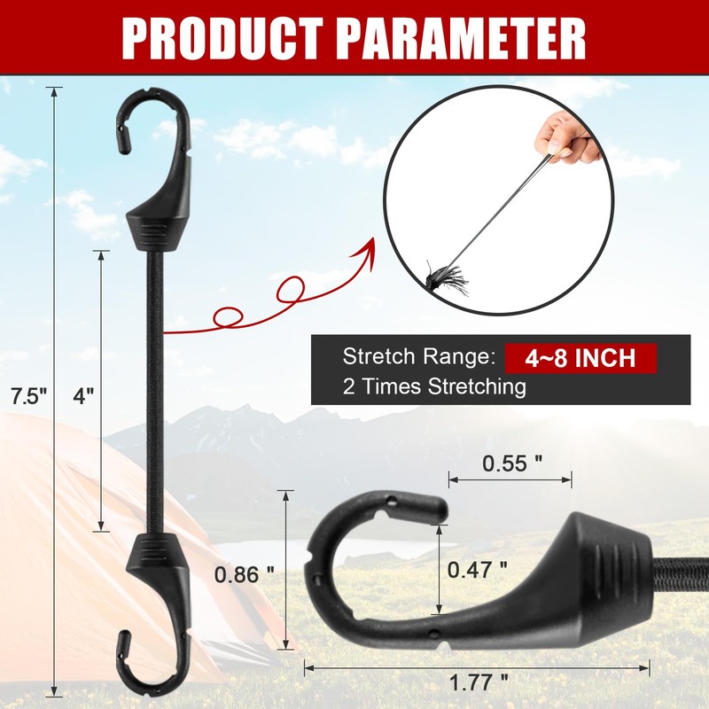 4 Inch Mini Bungee Cords with Hooks,20 PCS Black Bungee