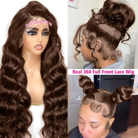360 Lace Front Wigs Human Hair Pre Plucked, 200 Density Chocolate Brown Lace Front Wig Body Wave Frontal 360 Full Lace Human Hair Wigs, HD Lace Front Wigs Glueless with Baby Hair 26 Inch