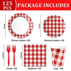 EggSun Red Gingham Plates and Napkins Party Supplies, Red and White Disposable Tableware Set, Checkered Plaid Paper Plates for Birthday Family Dinner Picnic Barbecue Baby Shower Decor Serves 25