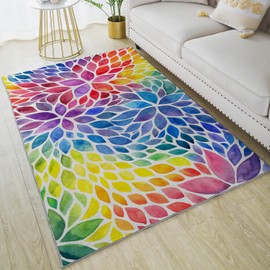 HUXJOKO Area Rug Watercolor Colorful Rainbow Dahlia Floral Home Decor Non-Slip Rugs Machine Washable Doormat Carpet Mat for Living Room Bedroom Kitchen Kindergarten Room Classroom,5' x 7'