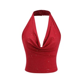 SOLY HUX Women's Cowl Neck Halter Neck Crop Tops Sparkly Backless Sexy Party Top Rave Festival Outfits Pure Red Small