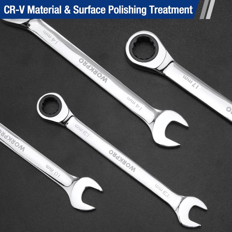 WORKPRO 7-Piece Ratcheting Combination Wrench Set, 72 Teeth, Cr-V Constructed,
