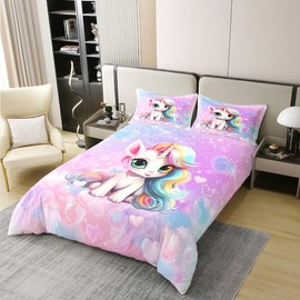 Manfei Girls Unicorn Bedding Set Colorful Rainbow Hair Duvet Cover Set Pink Love Heart Comforter Cover Set Kawaii Horse Bedspread Cover Bedroom Quilt Cover 2Pcs Twin 100% Cotton