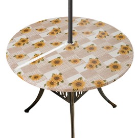 Xikaywnt Round Vinyl Tablecloth with Zipper and Umbrella Hole, 100% Waterproof Wipe Clean Fitted PVC Table Cover for Outdoor, Picnic and Patio, 45" - 56", Sunflower