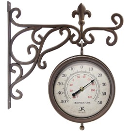 Infinity Instruments Beauregard 8 inch Outdoor Clock Thermometer Combo for Patio Porch Garden Outdoor Decorative Double-Sided Resin Clock Thermometer Wall Hanging with Bracket