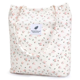 Ayieyill Corduroy Tote Bag for Women Canvas Shoulder Cord Purse with Inner Pocket（Beige/Pink floral）