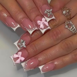 24Pcs French Tip Press on Nails Medium Square Fake Nails with Silver Star Rhinestones Bow Design Acrylic Nails Cute False Nails Pearl French Glue on Nails BowKnot Artificial Nails for Women Girls