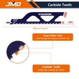 JMD 1-Piece S1243HM 305mm 2TPI Carbide Reciprocating Sabre Saw Blades for Hollow Brick Cement Concrete Cutting Compatible with Milwaukee Makita Dewalt Ryobi etc