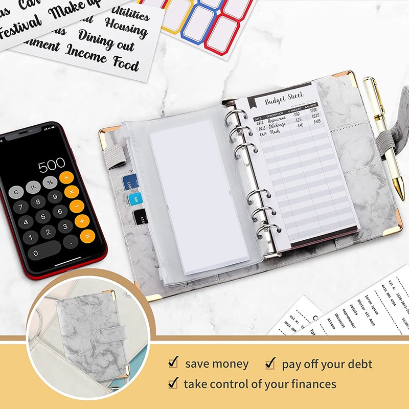 A6 Binder Budget Book Portable Marble Grain Notebook PU Leather