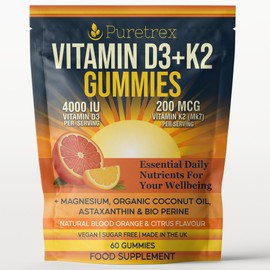 PURETREX Vitamin D3 + K2 Gummies – 4000 IU Vegan D3 & 200 mcg MK-7, Magnesium, Coconut Oil, Astaxanthin & BioPerine® – Sugar-Free, Natural Blood Orange Citrus – 60 Vegan Gummies, Made in UK