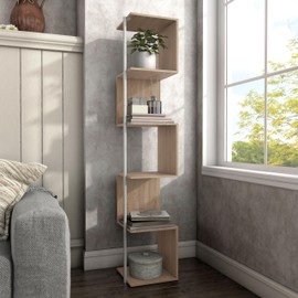 HOMES: Inside + Out Svenja Modern Style 60 in. Tall Corner Book Shelf Stand, 5 Tier Shelving Unit with Circular Metal Support, Living Room Bedroom Decor Aesthetic Wall Accessories, Natural