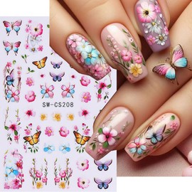 Butterfly Flower Nail Stickers Spring Nail Art Stickers Pink Floral French Nail Decals Sticker DIY Self Adhesive Nails Design Sticker for Nail Art Supplies Accessories for Women Decoration 6Pcs